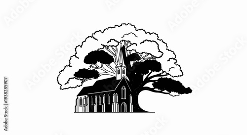 Stylized black and white illustration of a church nestled beneath a large, sprawling tree