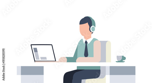 Illustration of a person wearing headphones and working on a laptop at a desk with a cup of coffee nearby