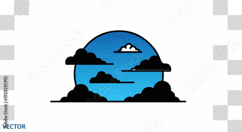 Stylized depiction of a bright blue sky with dark clouds and one white cloud