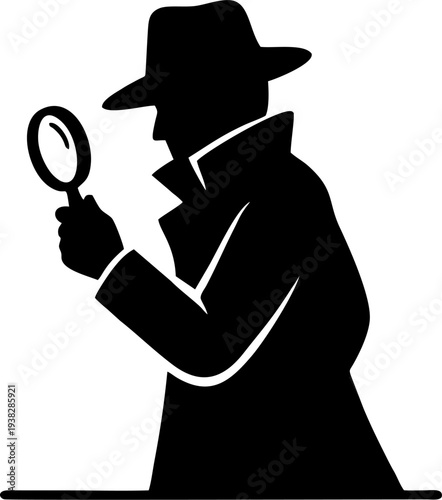 Male Detective Silhouette Holding Magnifying Glass – Black Man Investigator in Trench Coat and Fedora Hat Icon
