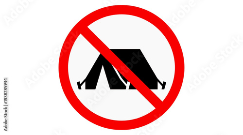 Symbol indicating a strict prohibition against setting up tents for camping, signifying no overnight stays or temporary shelters are permitted in this specific area for safety or regulatory reasons