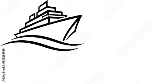 Stylized cruise ship sailing on waves, ink brush stroke style