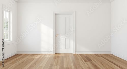 Contemporary white room with warm wood plank floor and single entry door