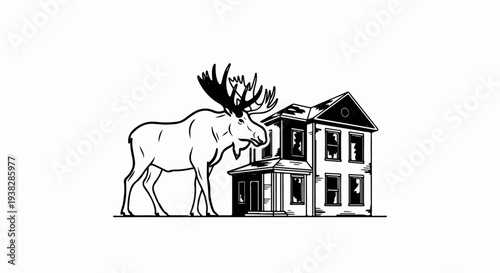 Stylized illustration of a moose standing beside a vintage house