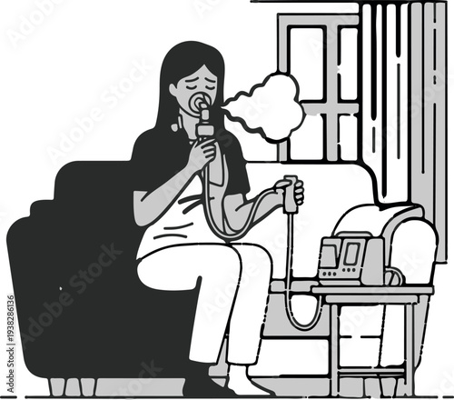 Woman using an inhaler while sitting on a couch with a nebulizer beside her