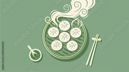 Steaming Basket of Delicious Dumplings with Chopsticks and Sauce.