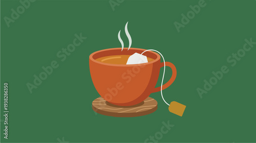 Steaming Cup of Tea with Tea Bag on Coaster.