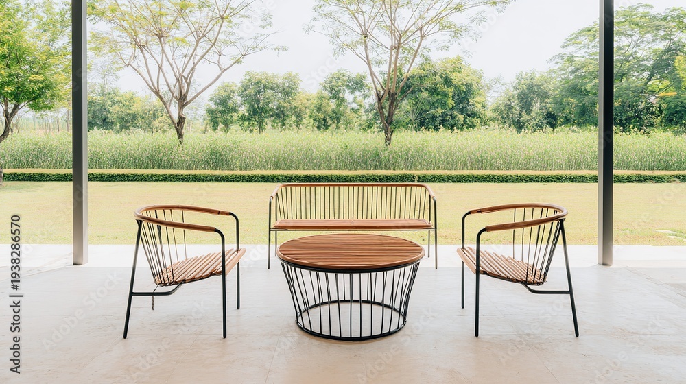 Fototapeta premium A serene outdoor patio with minimalist furniture, evoking tranquility amidst lush greenery.