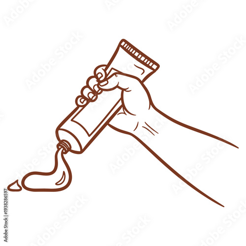 Hand squeezing paint tube in illustrative vector art style creating a creative brown color flow perfect for design projects