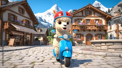 Cartoon Dog Riding Scooter in Mountain Village.