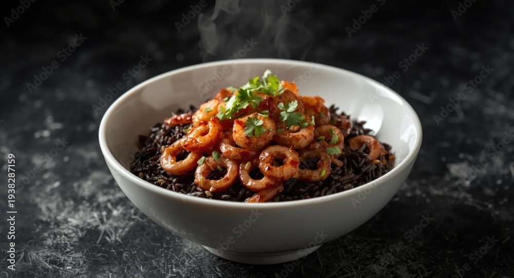 Fototapeta premium Black squid fried rice dish in a white bowl ready to eat