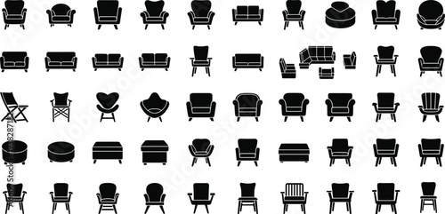 Black silhouette vector collection of diverse chair and seating furniture designs, including sofas, armchairs, lounge chairs, and ottomans, perfect for interior design, decor, and furniture projects