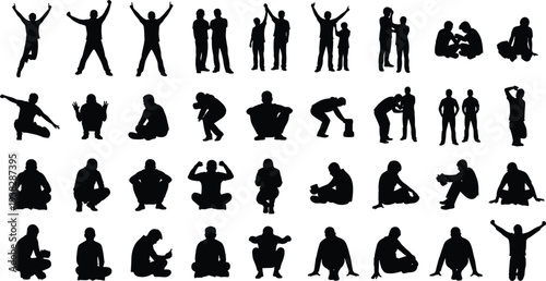 Black silhouette vector collection of diverse people in standing, sitting, squatting, and interacting poses, perfect for body language studies, animation, design, and lifestyle projects