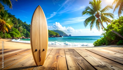 Surfboard on wooden deck overlooking tropical beach with lush green hills and clear blue sky and ocean waters