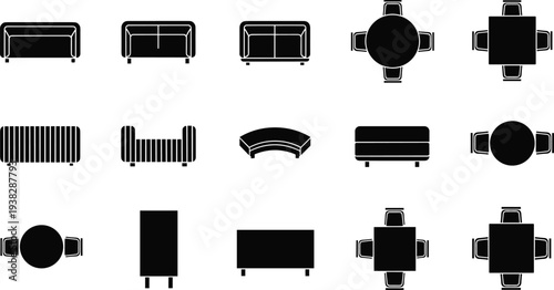 Black silhouette vector illustrations of sofas, chairs, tables, and seating arrangements in top‑down view, perfect for interior design, architectural layouts, and furniture arrangement projects