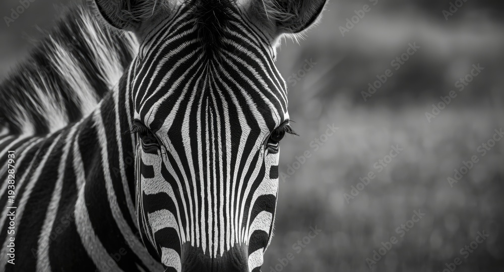 Obraz premium Close up black and white photo of a zebra in peaceful environment