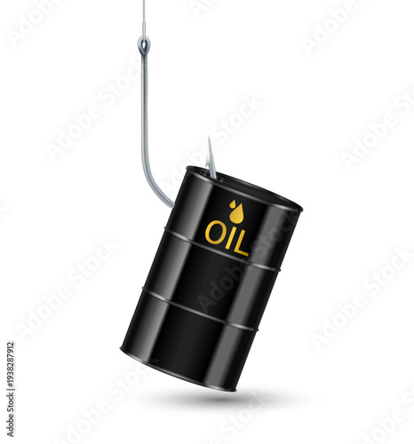 Black crude oil tank on fishing hook on a white background. Oil trap as bait from War Crisis. Oil barrel for use in designing business advertising materials. Vector EPS10.