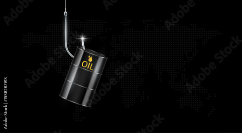 Black crude oil tank on fishing hook on world map background. Oil trap as bait from War Crisis. Oil barrel for use in designing business advertising materials. Vector EPS10.