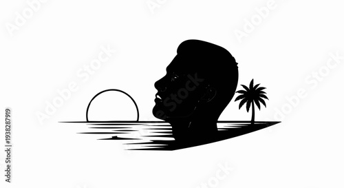 Silhouette profile of a person against a tropical sunset with ocean waves and palm tree