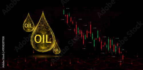 Droplets of crude shapes polygon facing candlestick on black world map. Stock market trends chart oil prices. Pessimism prices going down. Banner vector EPS10.