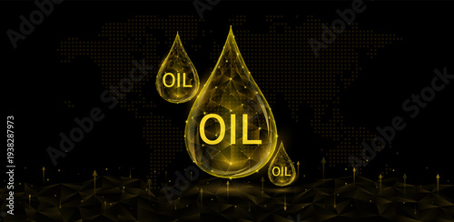 Rise arrow of go up down of oil prices from War Crisis. Droplets of crude polygon facing candlestick on black world map. Stock market trends chart oil prices. Banner vector.