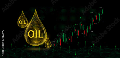 Rise arrow graph of go up of oil prices from War Crisis. Droplets of crude polygon facing candlestick on black world map. Stock market trends chart oil prices. Banner vector.