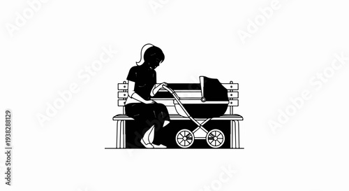 Silhouette of woman with baby carriage on park bench