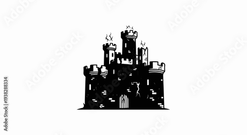 Black silhouette of a gothic castle with crenellated towers and a gate