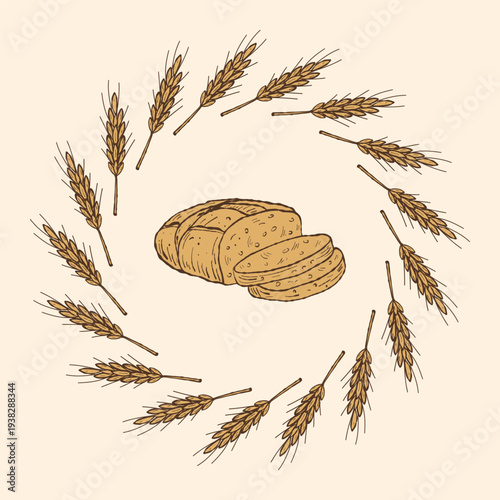 Wheat and Bread Wreath Illustration. Hand drawn Harvest Bread Circular Frame. Bakery Grain Circle border