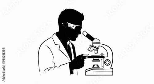 Silhouette of scientist in lab coat examining slide under microscope