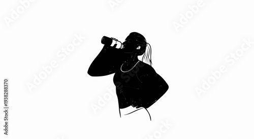 Silhouette of athletic woman in sports bra drinks from bottle