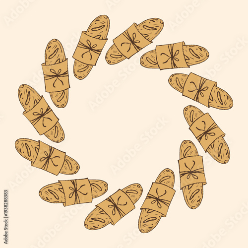 Artisan Baguette Bread Wreath Vector Illustration. Circular Frame of Wrapped French Sticks for Bakery Branding, Organic Market Logo, Rustic Food Label, and Kitchen Wall Art.