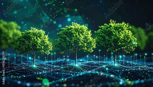 Trees grow on a digital grid with glowing, networked connections, creating a futuristic, eco-friendly scene