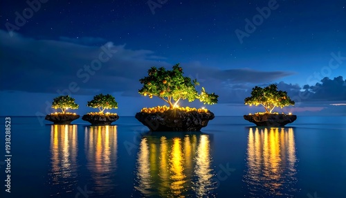 Trees growing on rocky islands glow softly at night, reflecting on the calm, dark water beneath a cloudy starry sky