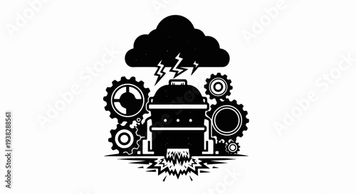 A stylized illustration depicts a machine with gears and a cloud emitting lightning