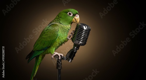 Parrot with Microphone: A vibrant green parrot perched on a vintage microphone, appearing ready to share a melody, set against a stylish backdrop.