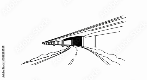 An overhead highway crosses a winding road below with supporting columns