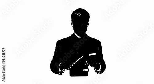Silhouette of a man in a suit holding a wallet and a pointer