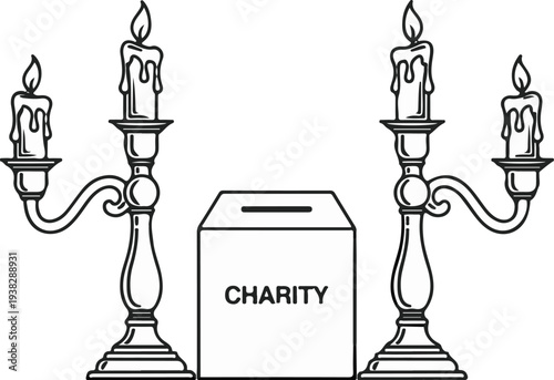 Candle holders flanking a donation box with the word "CHARITY" and slot