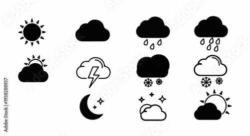Collection of simple black and white weather icons sun, clouds, rain, snow, moon, lightning