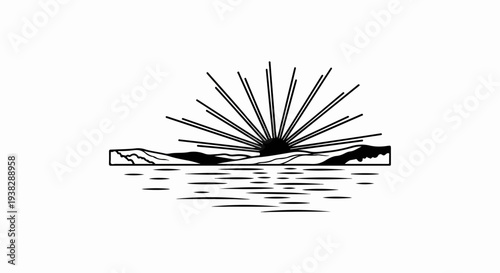 Stylized sun setting over mountains reflected in water