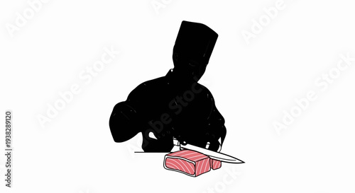 Chef in black silhouette, slicing a piece of raw, pink fish with a knife
