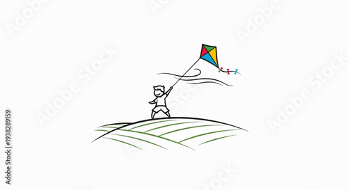Child flying a colorful kite on a grassy hill on a breezy day
