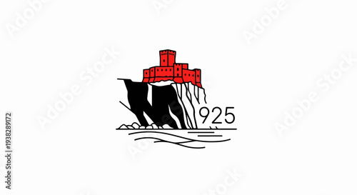Red fortress on cliff overlooking stylized waves with year