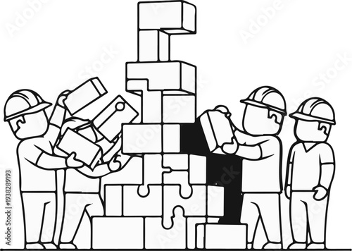 Cartoon workers in hard hats build a tall tower with puzzle-like blocks