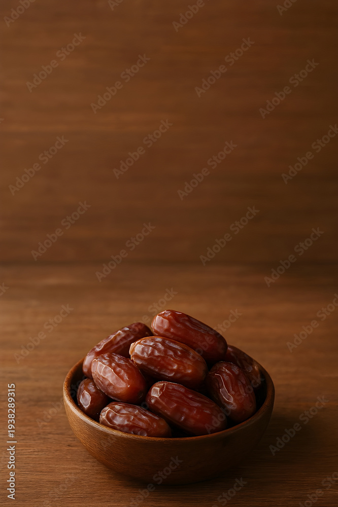 Obraz premium Dates Fruit in Wooden Bowl on Wooden Table