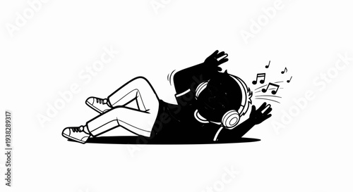 Person in headphones lying down enjoying music with notes floating