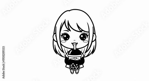 Cute cartoon girl with big eyes happily drinking from a bubble tea cup