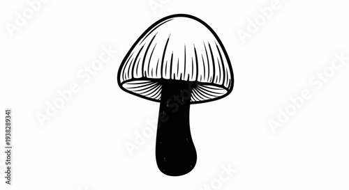A black and white drawing of a single mushroom on a white background