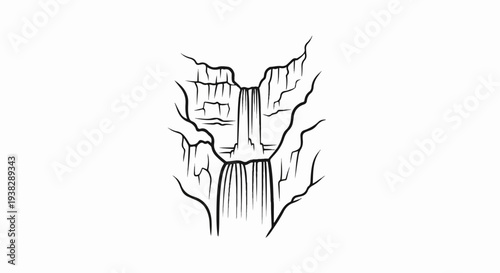 Artistic black and white sketch of a multi-tiered waterfall cascading down rocky cliffs